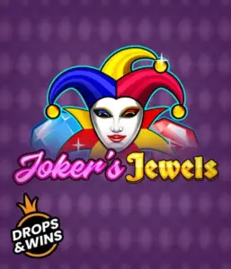 Enjoy the vibrant world of the Joker's Jewels game by Pragmatic Play, showcasing a charming joker's mask decorated with a vivid jester hat. This graphic captures the light-hearted fun of casino gaming, set against a lavender background. Perfect for casino game enthusiasts, promising a delightful play experience. 