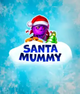  Behold the unique "Santa Mummy" slot game by Belatra, highlighting a Santa-clad mummy decked out in festive holiday attire. This vibrant image portrays the mummy with a vivid purple hue, wearing a Santa hat, surrounded by snowy blue and icy snowflakes. The game's title, "Santa Mummy," is clearly shown in large, cool blue letters.